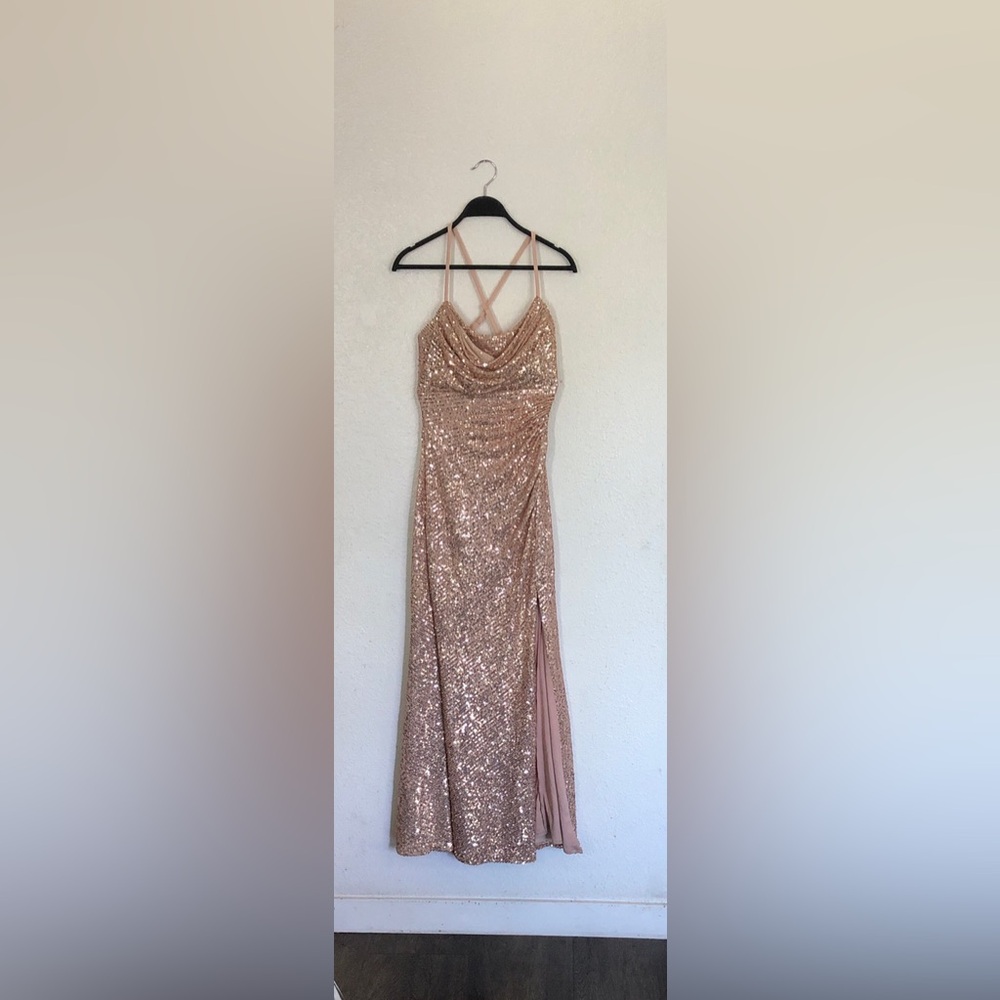 Camille La Vie Rose Gold Sequin Cowl Jumpsuit with Crossback Straps